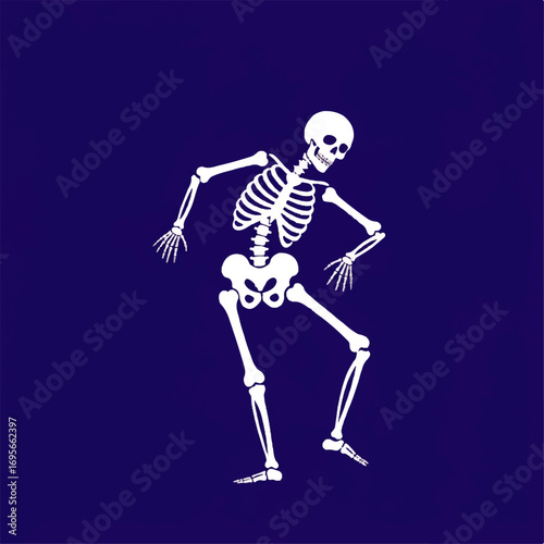 A white skeleton figure is dancing with arms and legs outstretched on a dark blue background