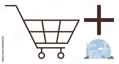 Shopping cart beside a cross and airport illustration with a plane, representing integration of travel and retail. Ideal for commerce, travel, globalization, logistics, tourism, shipping, connection
