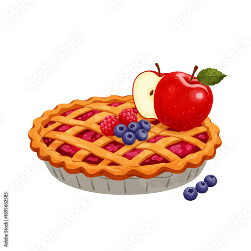 A vibrant illustration of a delicious-looking apple and berry pie, topped with fresh fruit