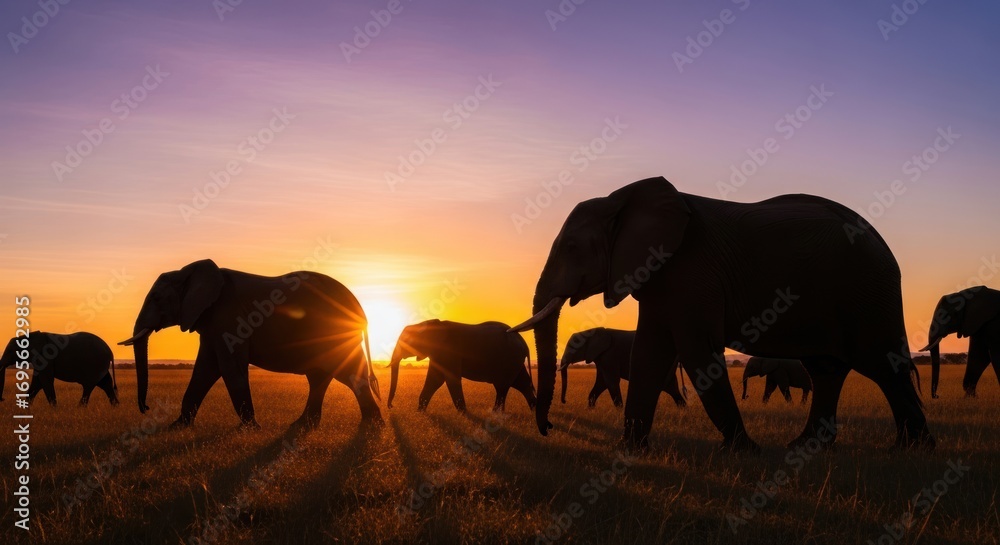 Fototapeta premium Silhouetted Elephant Herd Marching into a Radiant Sunset with Dramatic Sun Flare