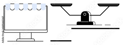 Computer screen resembling a shop canopy beside balanced scales representing fairness and equilibrium. Ideal for e-commerce, justice, retail, business ethics, balance, equality, simple flat metaphor