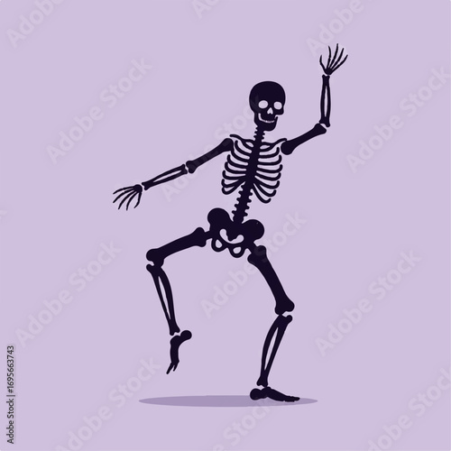 Cartoon skeleton figure in black, dancing with one arm raised, on a light purple background