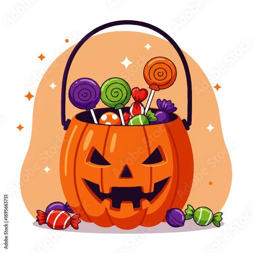 Halloween pumpkin bucket filled with colorful candies and lollipops, ready for trick-or-treating