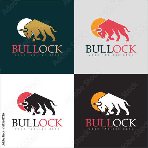 Bullock buffalo plow sun logo set silhouette template design