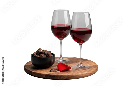 Two elegant stemmed wine glasses with ruby wine, dark chocolate bowl, and a red rose petal on a walnut board against a transparent studio background. Concept of quiet indulgence and luxury