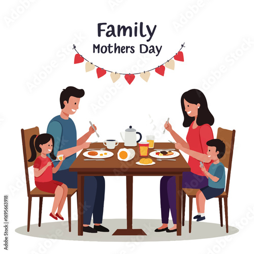 A family enjoys a Mother's Day breakfast together at a wooden table, celebrating