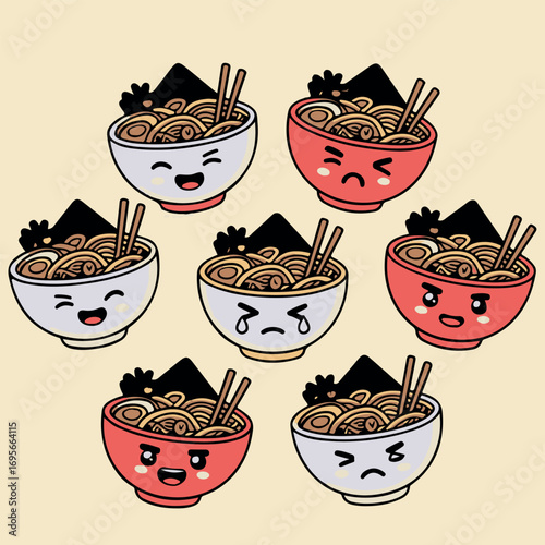 Cute Ramen Bowls with Different Expressions Vector Set