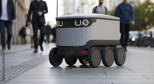 Autonomous delivery robot navigates busy city sidewalk delivering packages to customers.