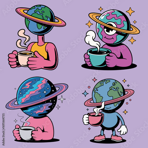 Retro Cosmic Characters with Planet Heads and Coffee Cups