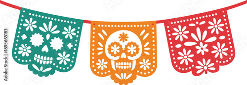 Colorful Papel Picado Skull Bunting for Dia de Muertos Celebration