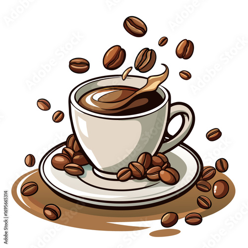 The Essence of Coffee  illustration vector : A refreshing splash of rich, aromatic coffee overflows from a pristine white cup, encircled by scattered, freshly roasted beans and a delicate saucer.