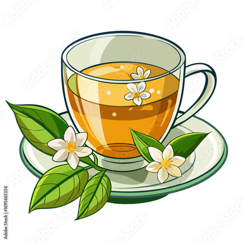 Aromatic Tea Delight: A clear glass cup brimming with fragrant tea illustration vector, accented by delicate blossoms and lush green leaves, sits elegantly atop a saucer.