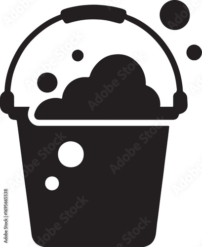 Silhouette vector of a water bucket with soap bubbles. Perfect icon for cleaning, washing, and hygiene.
