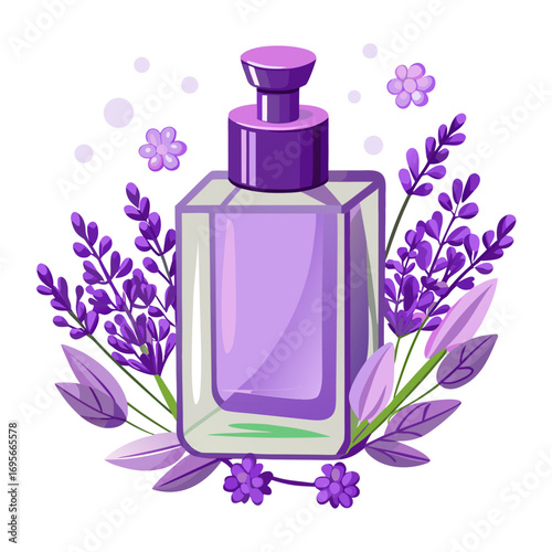 Lavender Essence: An elegant illustration showcasing a perfume bottle adorned with delicate lavender sprigs and blossoms, capturing the essence of floral fragrance and natural beauty.
