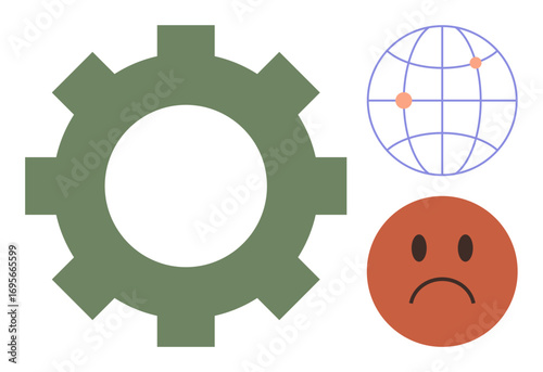 Large green gear, minimalist globe with connection points, and sad face. Ideal for teamwork, global issues, technology, troubleshooting, emotion industry or disconnection. Simple flat metaphor
