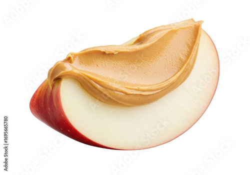 A macro, photorealistic shot of a crisp apple slice with red skin and white flesh, topped with creamy peanut butter, on a clean transparent background, concept of fresh and healthy eating