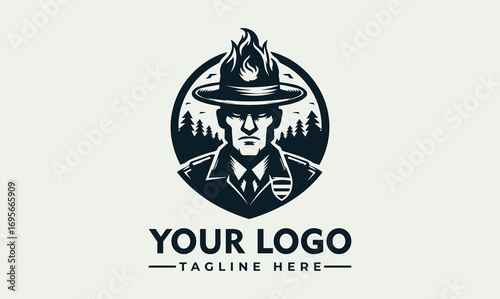 A stylized logo featuring a stern-faced ranger with a burning hat, set within an oval frame.