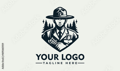 Graphic illustration of a forest ranger in uniform, holding binoculars, with pine trees in the background.