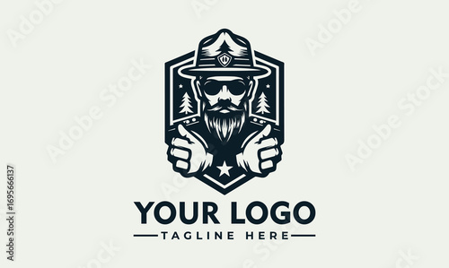 Graphic illustration of a bearded man in a hat and sunglasses, pointing with both hands, set within a geometric shape.