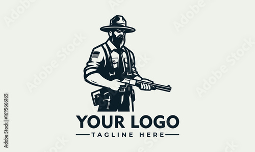 Graphic illustration of a forest ranger in uniform, holding binoculars, with pine trees in the background.
