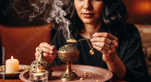 Woman holding a spoon with small particles over an incense burner, releasing smoke. Aromatic resin for spiritual practices and home fragrance.