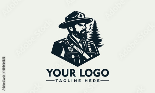 Graphic illustration of a forest ranger in uniform, holding binoculars, with pine trees in the background.