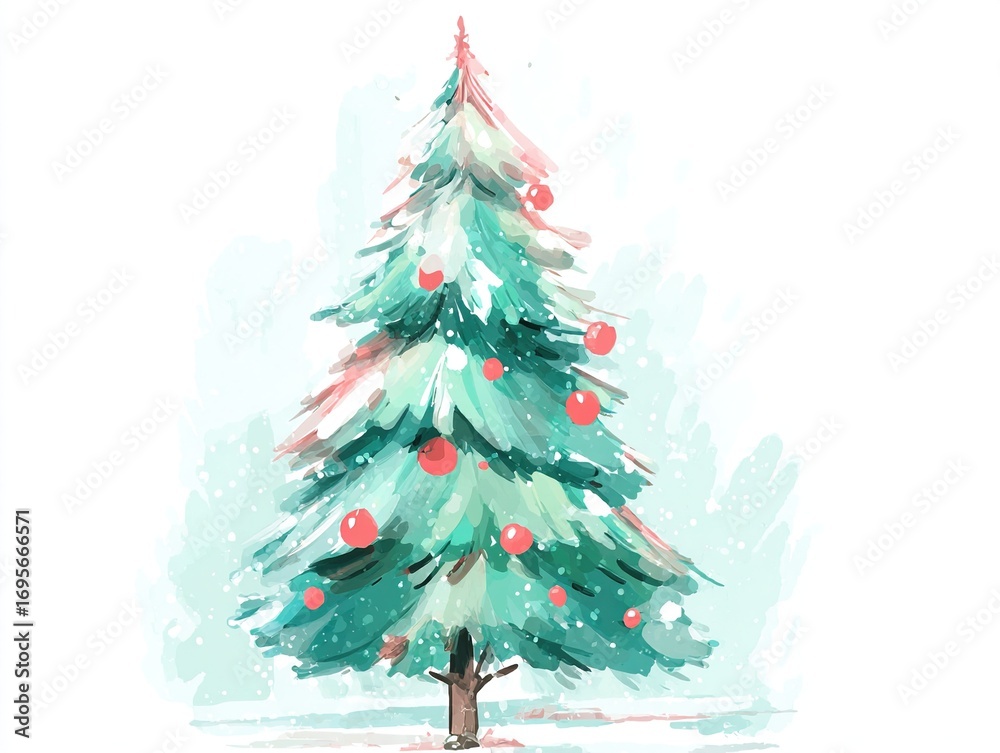 Fototapeta premium Minimalist watercolor Christmas tree with green brush strokes, isolated on white background with bright red and yellow accents, high resolution holiday element