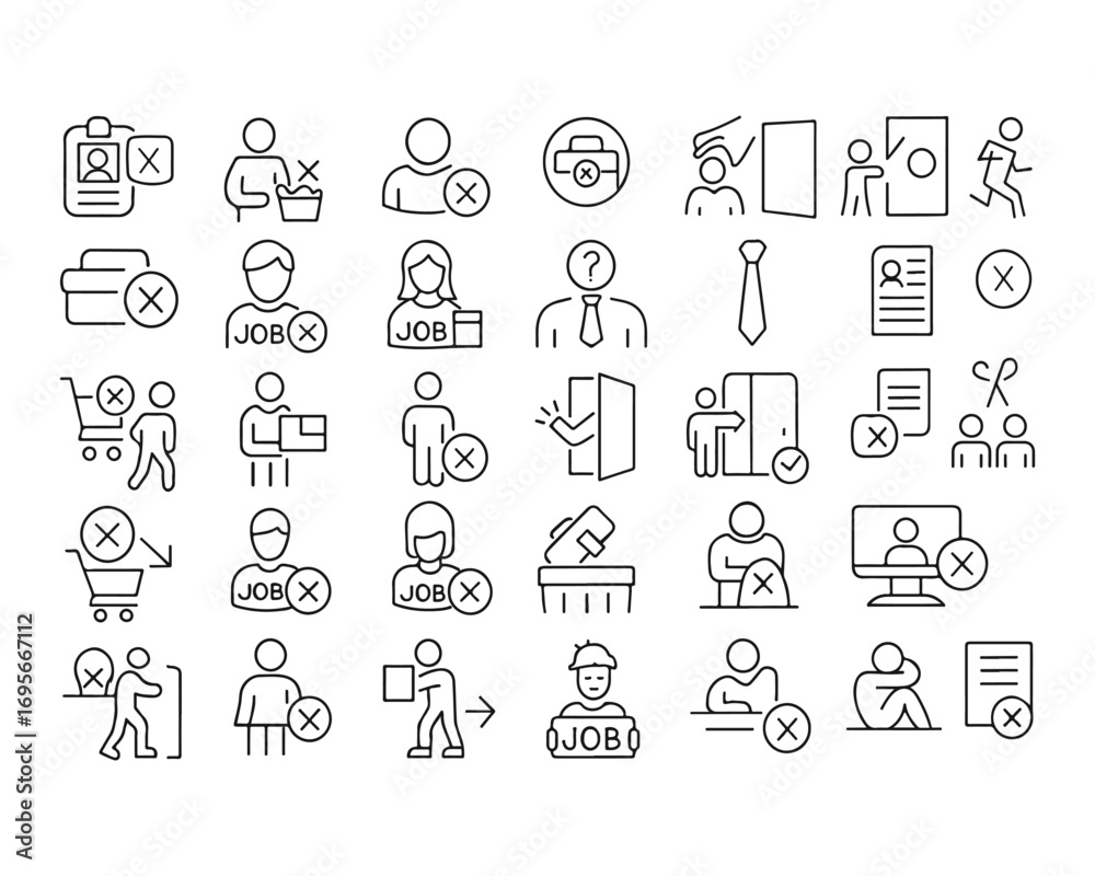 Fototapeta premium Set of outline icons related to jobless, firing, retirement. Linear icon collection