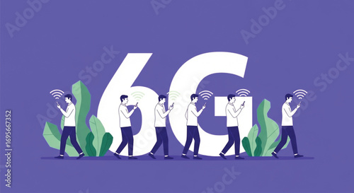 A vibrant illustration showcases the concept of 6G mobile connectivity. EPS Vector