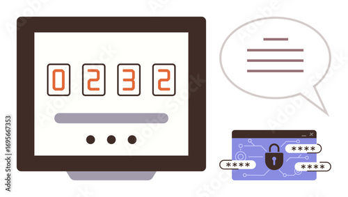 Digital screen displays pin code, password entry with lock icon, and message bubble. Ideal for cybersecurity, online safety, authentication processes, data protection, secure login, encryption