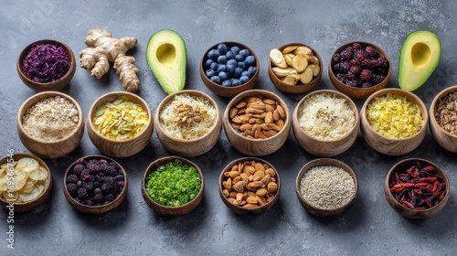 Colorful assortment of various whole foods in small wooden bowls on a gray surface