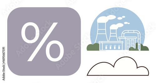 Factory emitting smoke, percentage symbol representing data metrics, cloud shape hinting at air quality. Ideal for environment, sustainability, industry, pollution, data analysis, climate public
