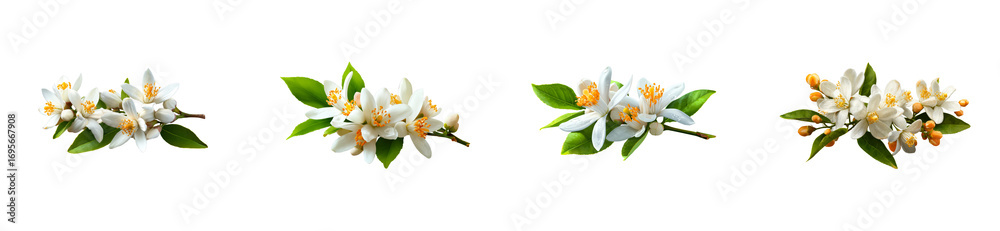 Obraz premium Four clusters of delicate white orange blossoms with vibrant orange stamens and green leaves on transparent background, cut out