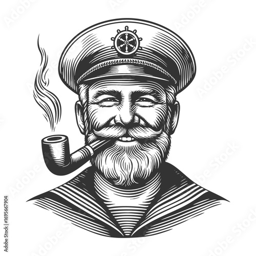 old sailor with a beard smoking a pipe, standing by the sea with sailing ships sketch engraving generative ai fictional character vector illustration. Scratch board imitation. Black and white image.