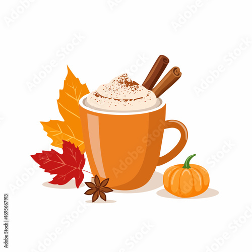 Autumn beverage illustration set with latte, spices and foliage