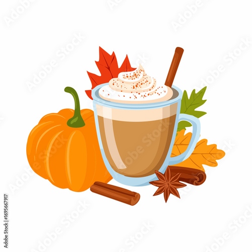 Pumpkin spice latte vector illustration with autumn leaves and cinnamon