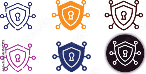 Cybersecurity shield icon set with circuit connections in outline, flat, and glitch styles. Ideal for data protection, network security, firewall, encryption, privacy, and cloud safety.