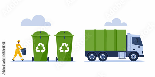 Sanitation worker with recycling bins and garbage truck collecting waste for environmental cleanup services