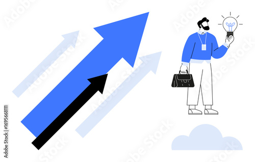 Man in formal attire holding bulb with arrows pointing upward. Ideal for innovation, business growth, leadership, strategy, success, creativity, career advancement themes. Minimalist flat metaphor