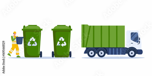 Sanitation worker collecting trash from green recycling bins with a garbage truck on a white background