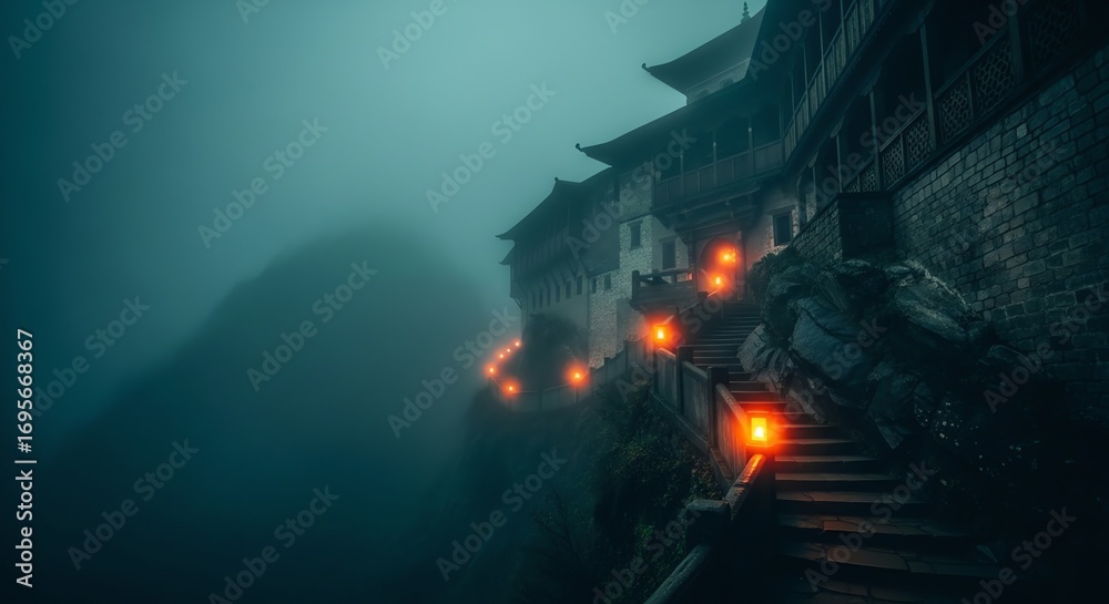 Obraz premium Mystical Asian Temple Ascends Through Ethereal Fog, Illuminated by Fiery Lanterns