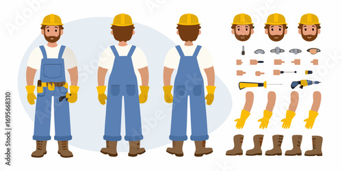 Construction worker character kit with front and back views and customizable body parts and tools