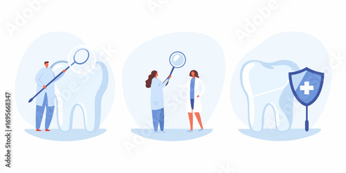 Dentists examining a large tooth with a magnifying glass and a tooth protected by a shield symbolizing dental care and health