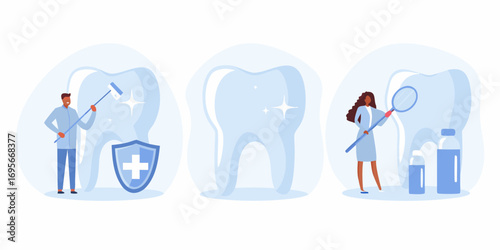 Dentist and patient caring for teeth with cleaning and examination for oral hygiene and health