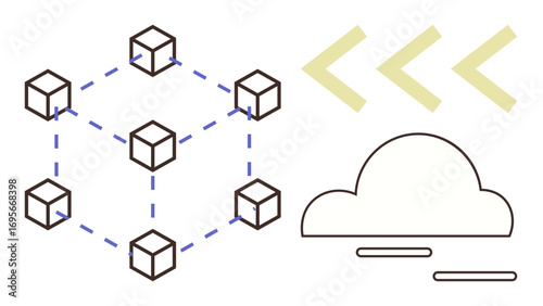 Connected blocks in a blockchain system represent decentralized data linked to a cloud icon and abstract arrows. Ideal for technology, data storage, cloud computing, blockchain, decentralization