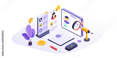 Isometric illustration of a digital recruitment process with profiles and a magnifying glass