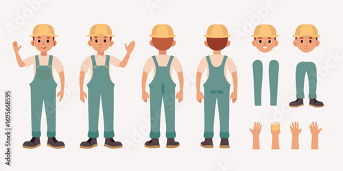 Cartoon construction worker character kit with front and back views and separate body parts for animation