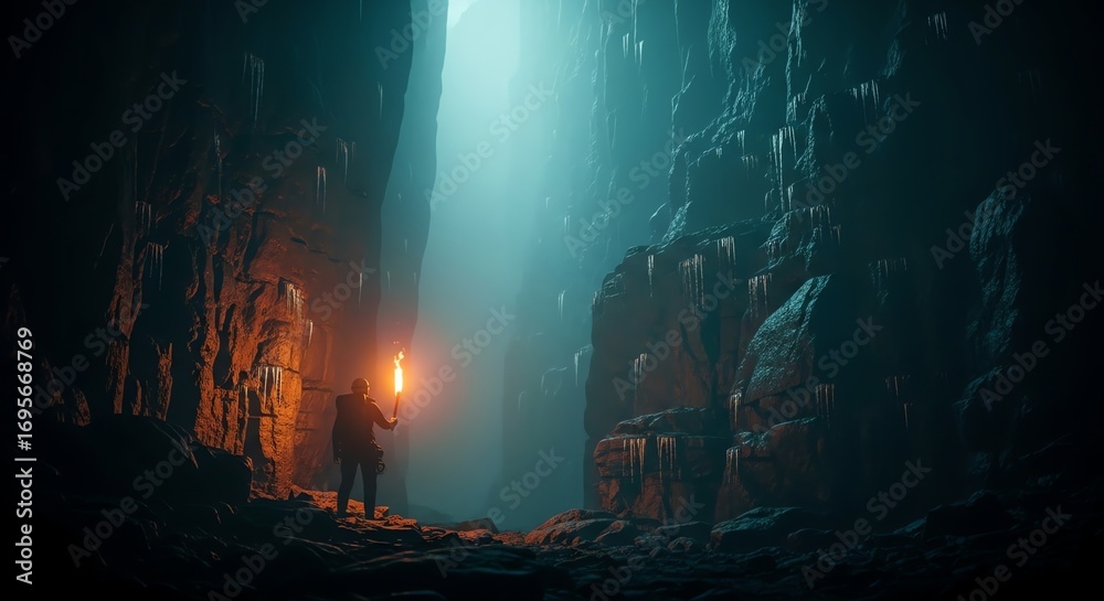 Fototapeta premium Torchlight on Icicles: A Solitary Figure Ventures into a Grand, Frozen Canyon