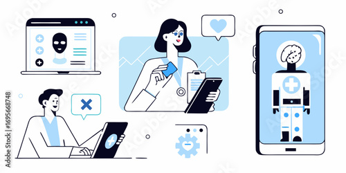 Modern healthcare technology with doctors using laptops and smartphones for patient care and diagnostics