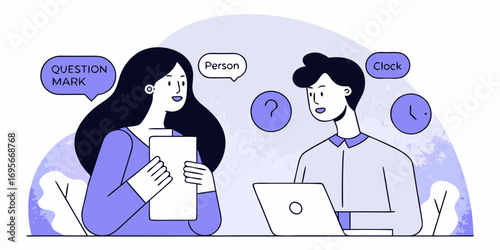 Two people discussing a question mark and clock icons in a modern flat illustration style